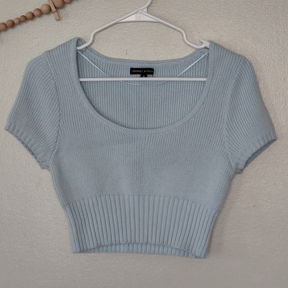 Kendall & Kylie Cotton Spring Blue Knit Cropped Scoop Neck Sweater Blouse Size S